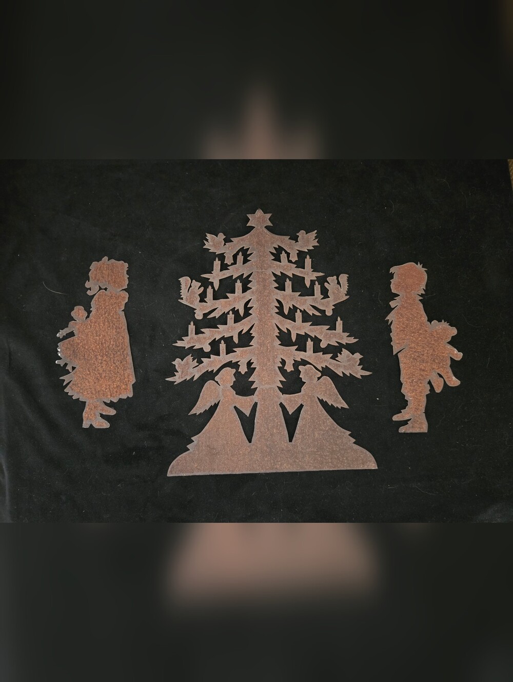 Rust Metal Christmas Tree Cutout with Angels,  Boy And Girl